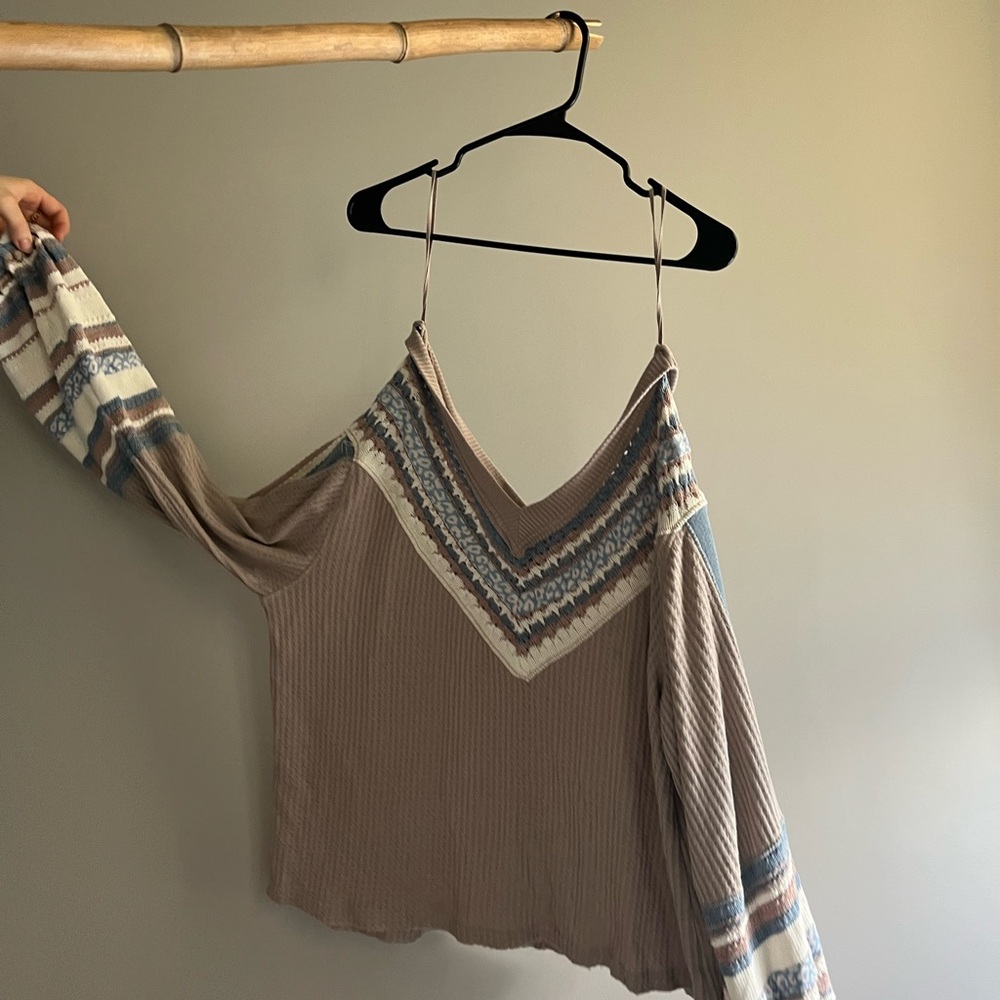 Free People Brown and Blue Cold Shoulder Blouse
